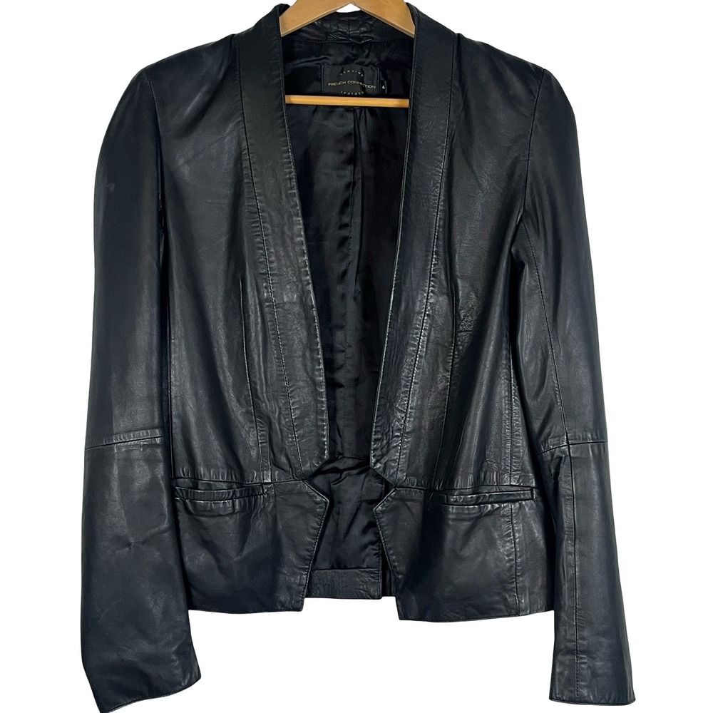 French Connection Womens Black Leather Open Front Blazer Jacket Size 4 75CK6